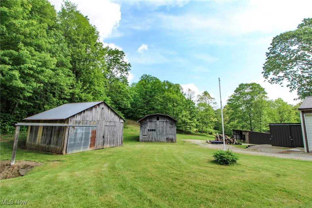 View of green lawn with an outdoor structure and a storage unit