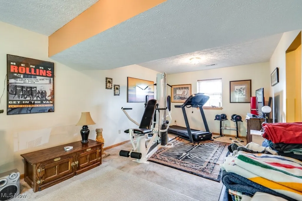 Exercise area featuring a textured ceiling, baseboards, and carpet