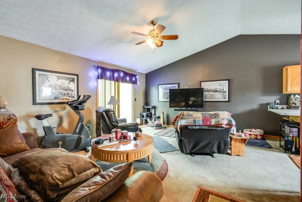Carpeted living area featuring lofted ceiling and a ceiling fan