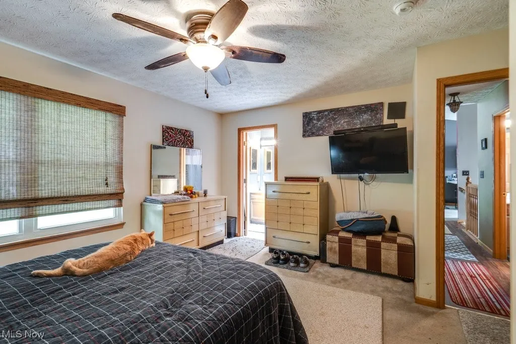 Carpeted bedroom with a textured ceiling and a ceiling fan