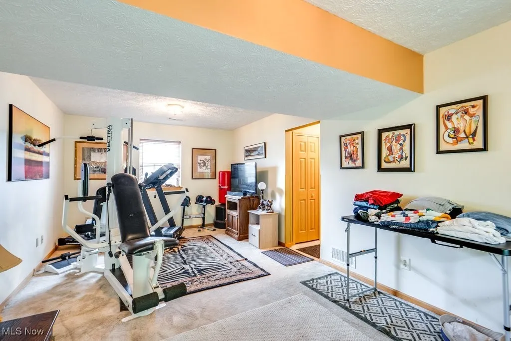 Lower level bonus room being used as exercise room and workout area with a textured ceiling, light carpet, and baseboards