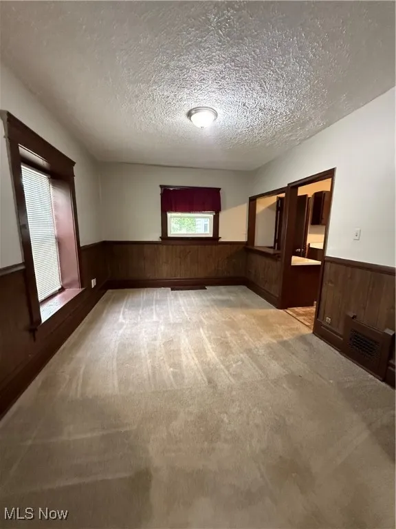 Spare room featuring wainscoting, wooden walls, light carpet, and a textured ceiling
