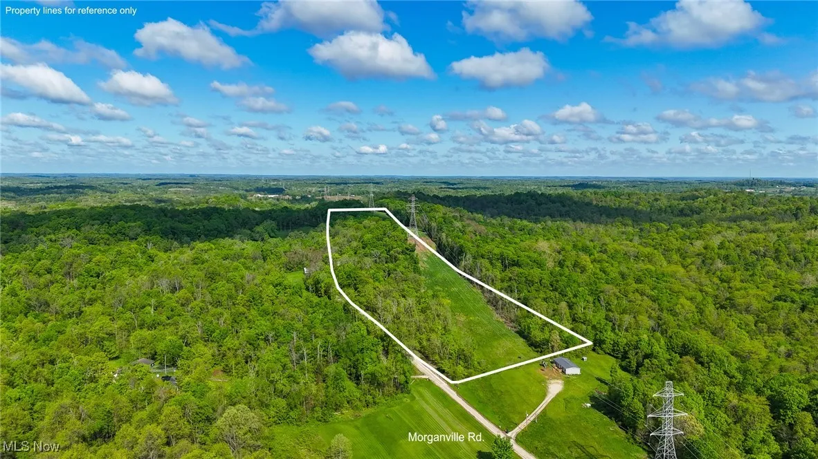 Aerial overview of property's location featuring a heavily wooded area and property boundaries highlighted