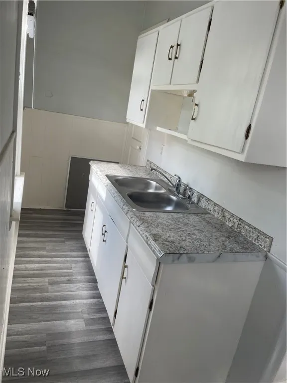 Kitchen with a sink, white cabinetry, wood finished floors, and wainscoting