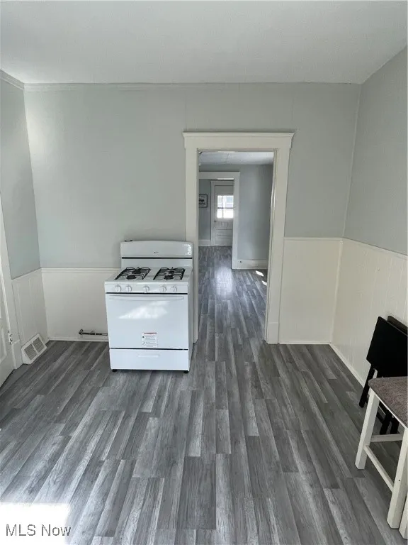 Kitchen featuring stove, wainscoting, and dark wood-type flooring