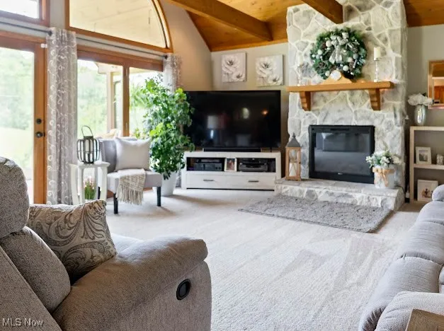 Living area with carpet, plenty of natural light, a fireplace, and wooden ceiling