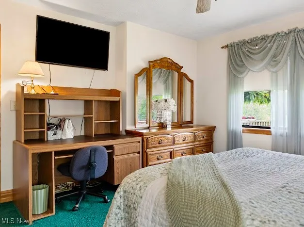 Bedroom featuring carpet and a desk