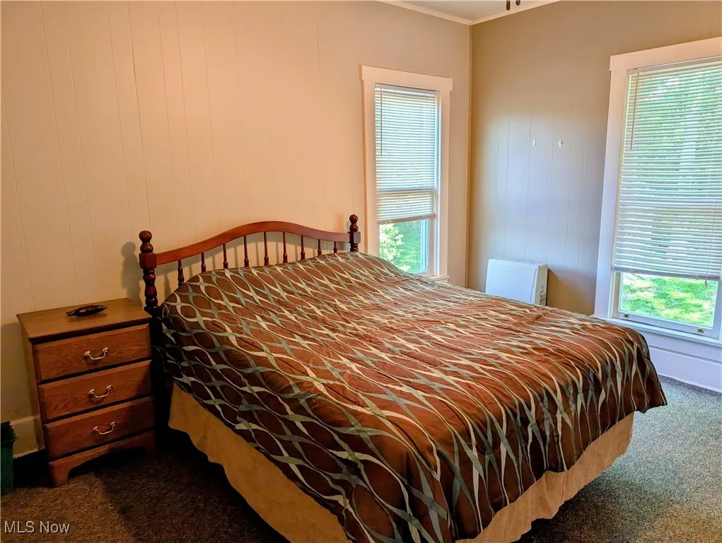 Bedroom with dark colored carpet and ornamental molding