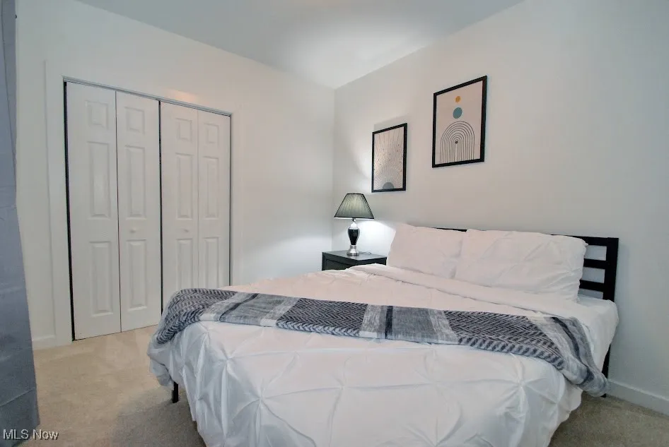 Bedroom featuring carpet floors, a closet, and baseboards