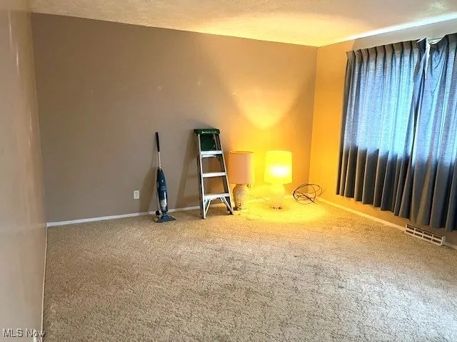Unfurnished room with carpet and baseboards