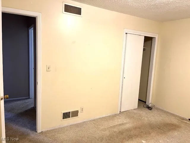 Unfurnished bedroom with carpet floors, a textured ceiling, and a closet