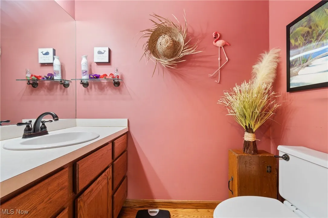 Half bath featuring toilet, wood finished floors, and vanity