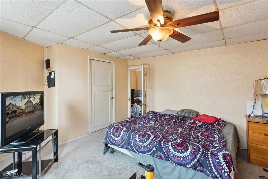 Bedroom featuring a drop ceiling, carpet flooring, and a ceiling fan
