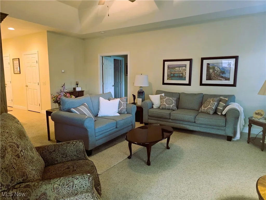 Carpeted great room featuring an open floor plan.