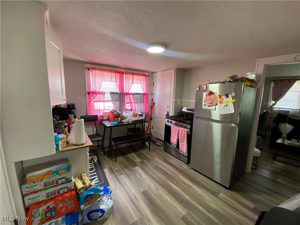 Kitchen with stainless steel appliances, a textured ceiling, light wood-style floors, and plenty of natural light