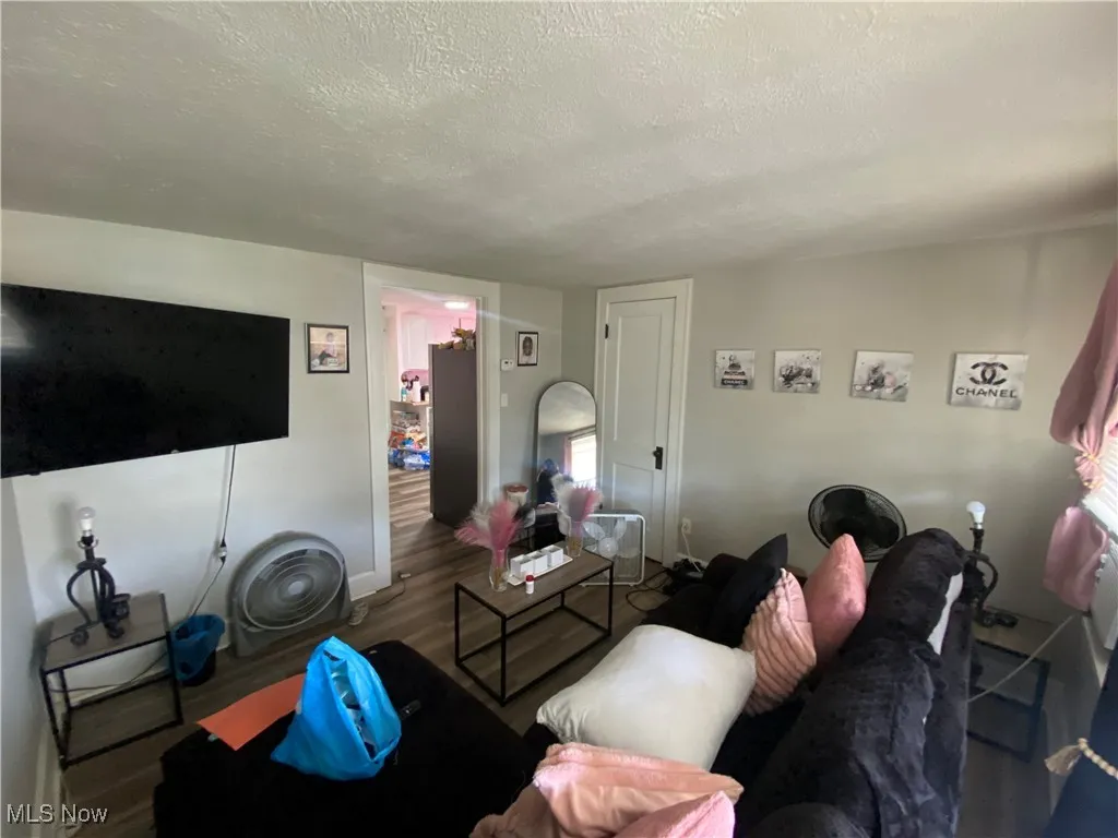 Living area featuring wood finished floors and a textured ceiling