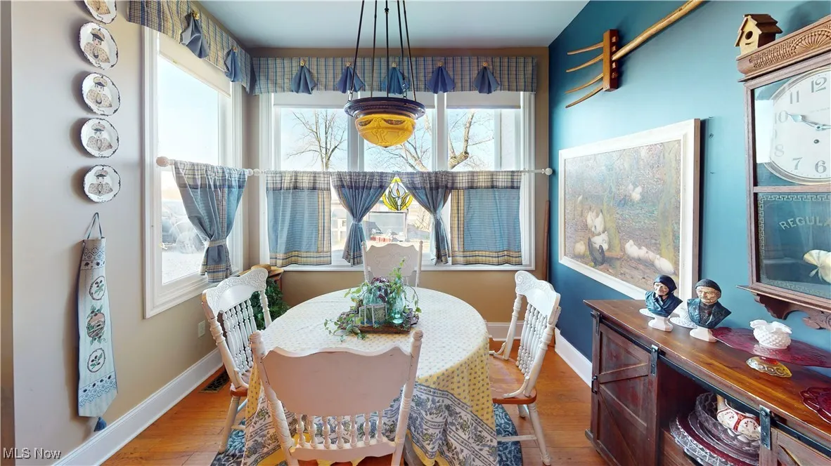 Dining area with wood-type flooring