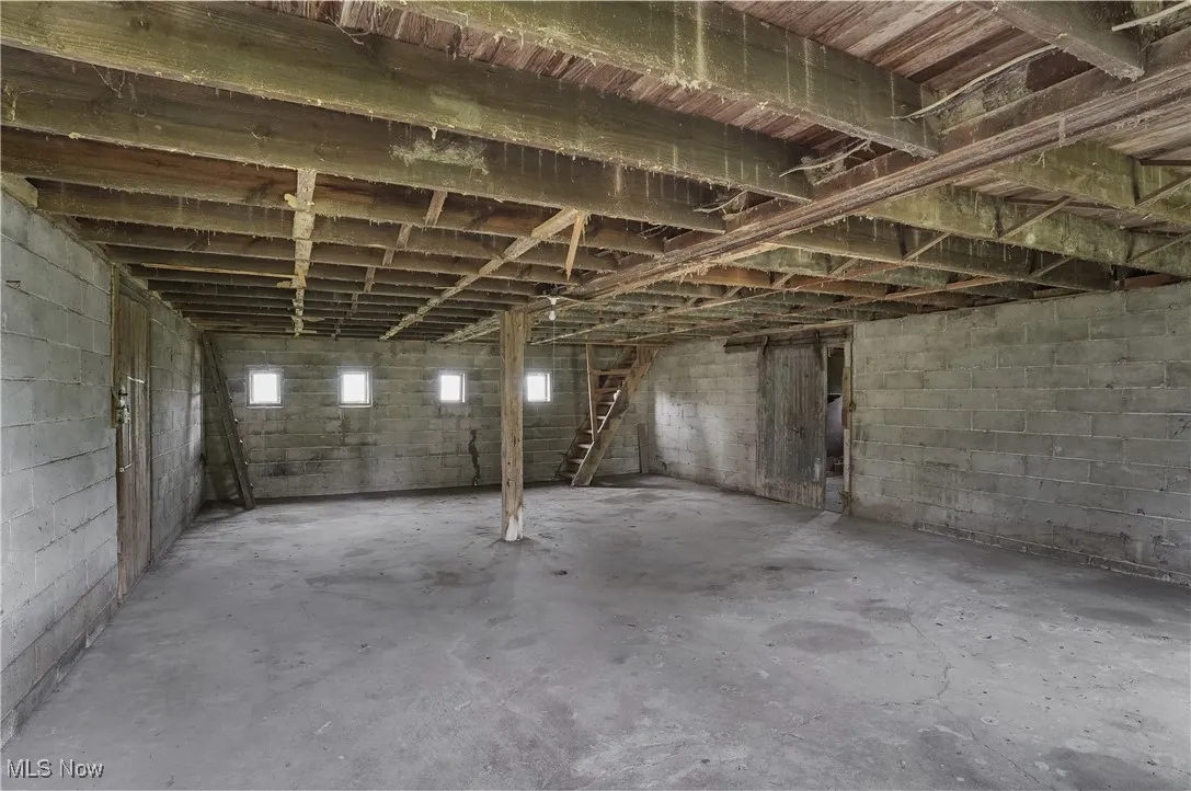 Unfinished basement featuring concrete block wall