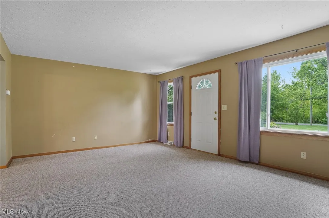 Foyer featuring light colored carpet and baseboards