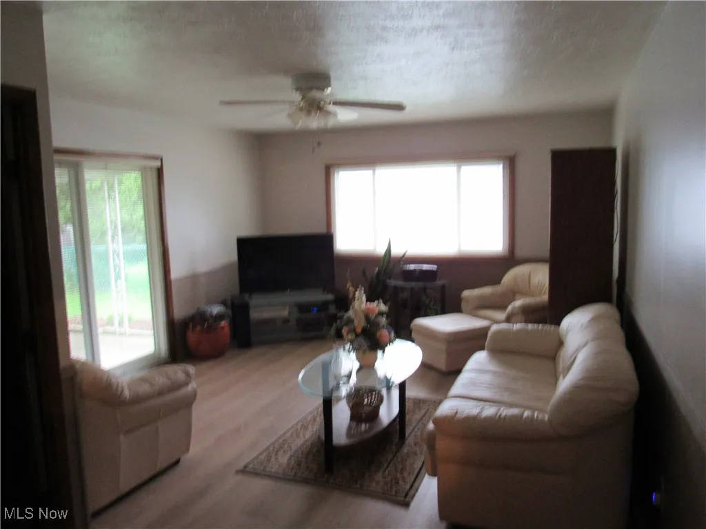 Living room featuring ceiling fan, wood finished floors, and a textured ceiling