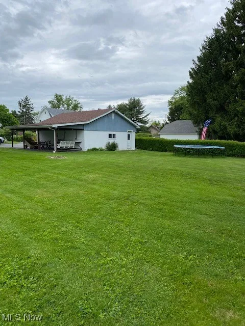 View of green lawn with a trampoline