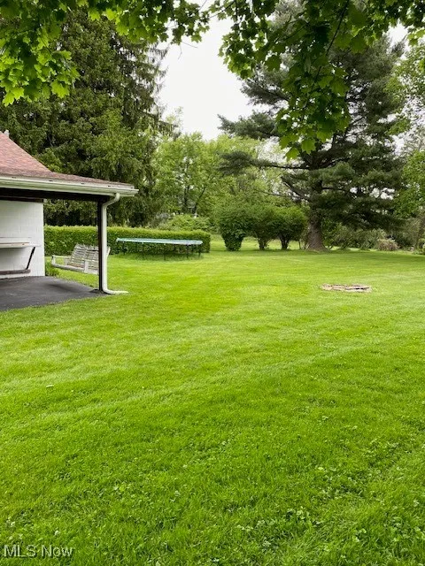 View of grassy yard featuring a trampoline