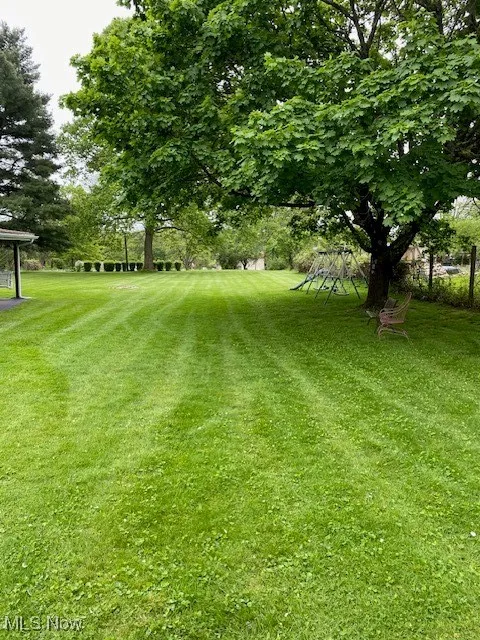 View of green lawn featuring view of scattered trees