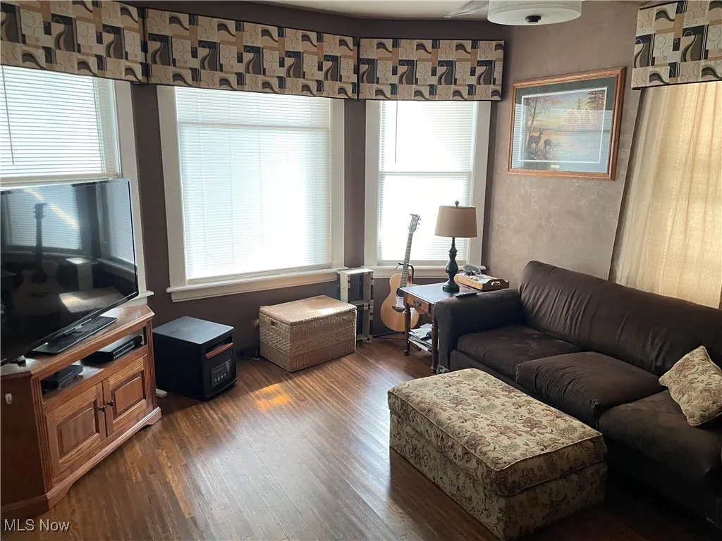 Living room featuring dark wood-style floors
