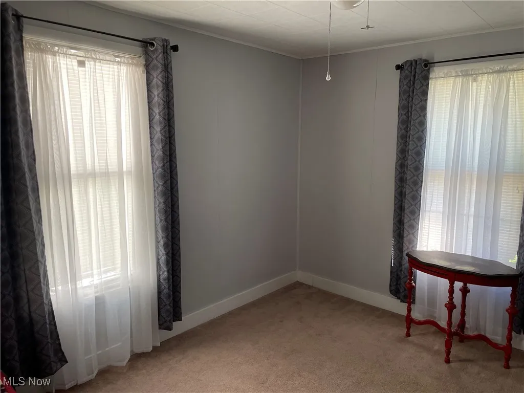 Unfurnished room featuring light carpet, ornamental molding, and baseboards