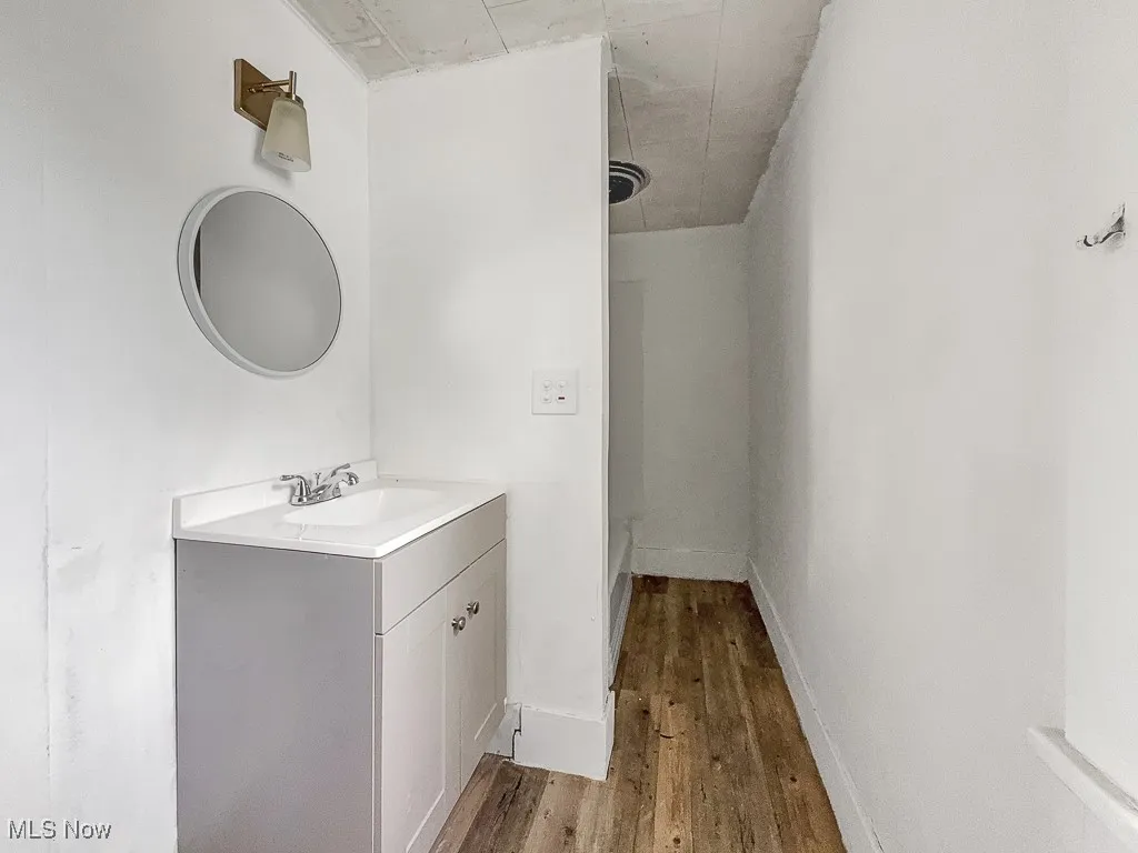 Full bath featuring a shower, wood finished floors, and vanity