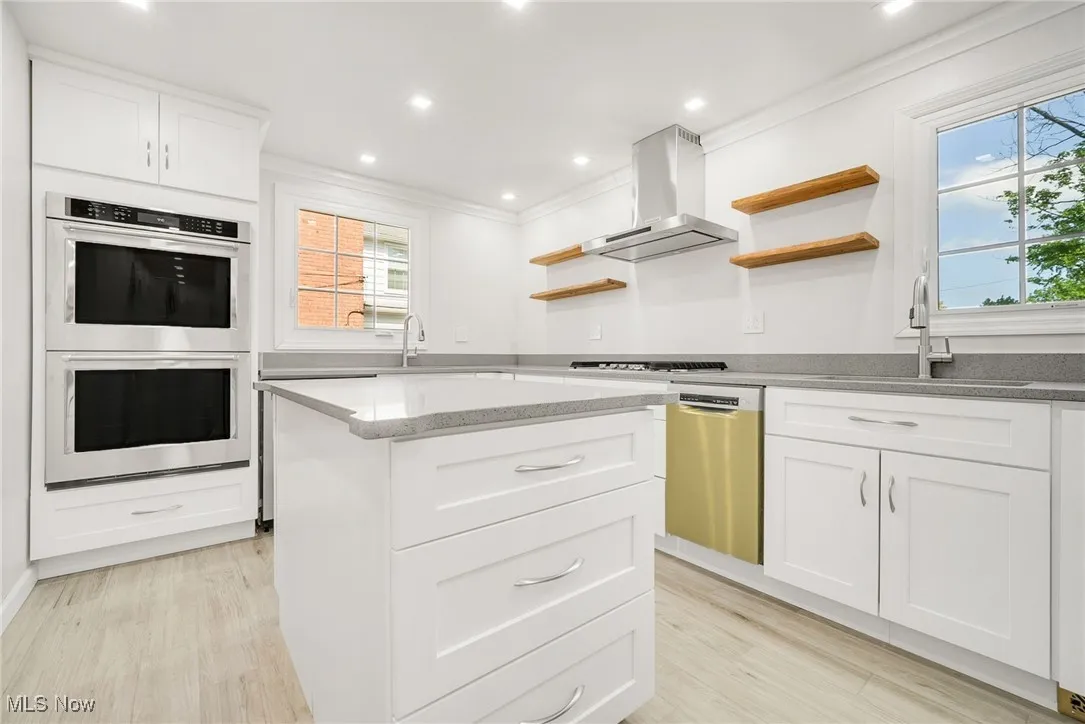 Kitchen with open shelves, stainless steel appliances, island range hood, a sink, and ornamental molding