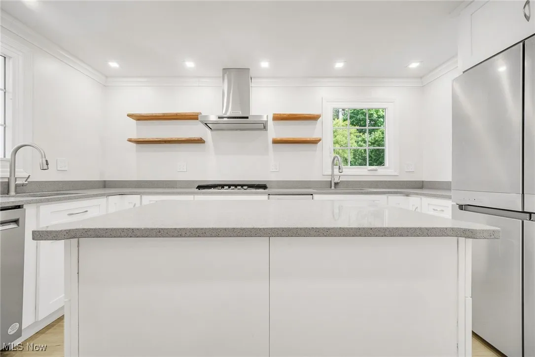 Kitchen with open shelves, extractor fan, stainless steel appliances, a sink, and ornamental molding