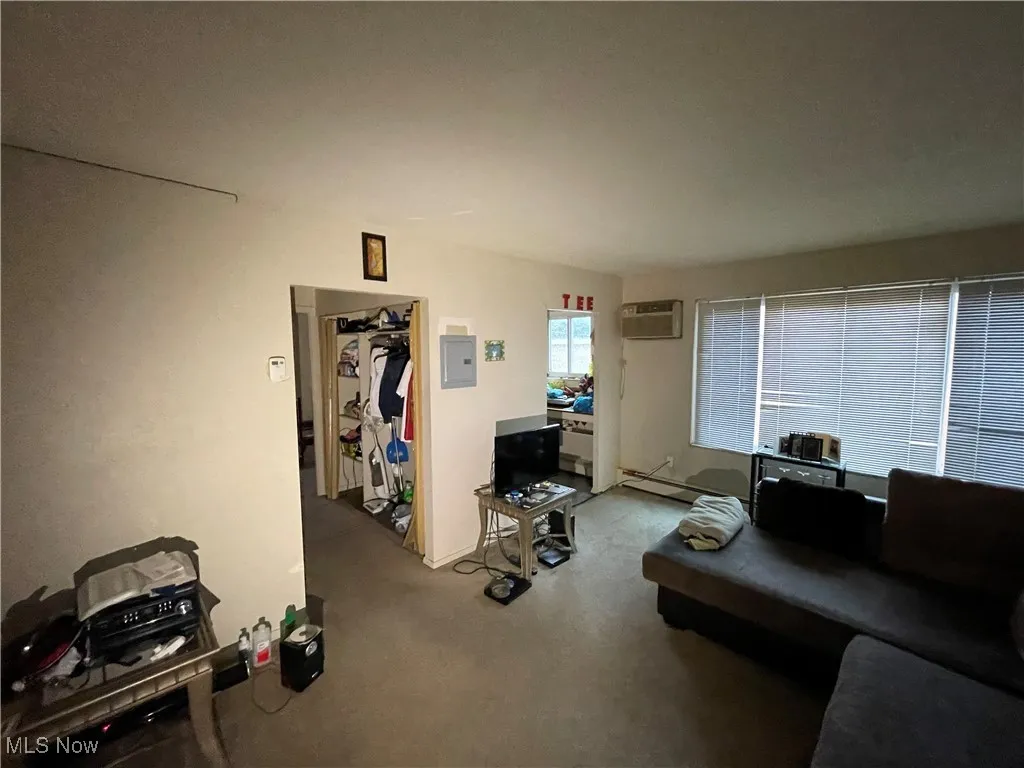 Living area with a wall unit AC and carpet flooring