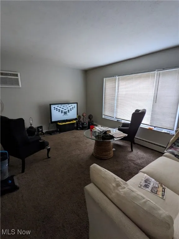 Living area featuring an AC wall unit, carpet floors, and baseboard heating