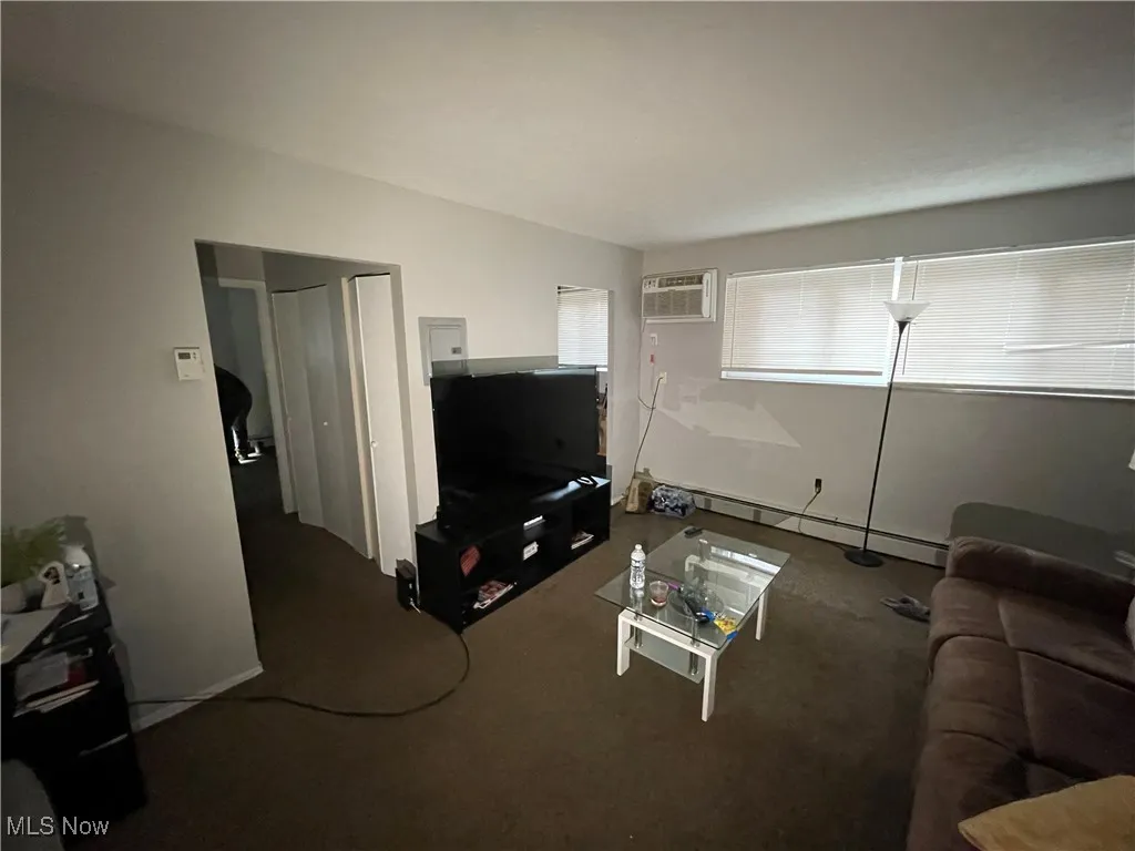 Carpeted living area with a baseboard radiator and a wall mounted air conditioner