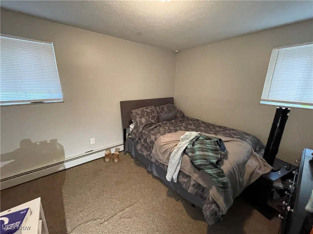 Carpeted bedroom with a baseboard radiator, multiple windows, and a textured ceiling