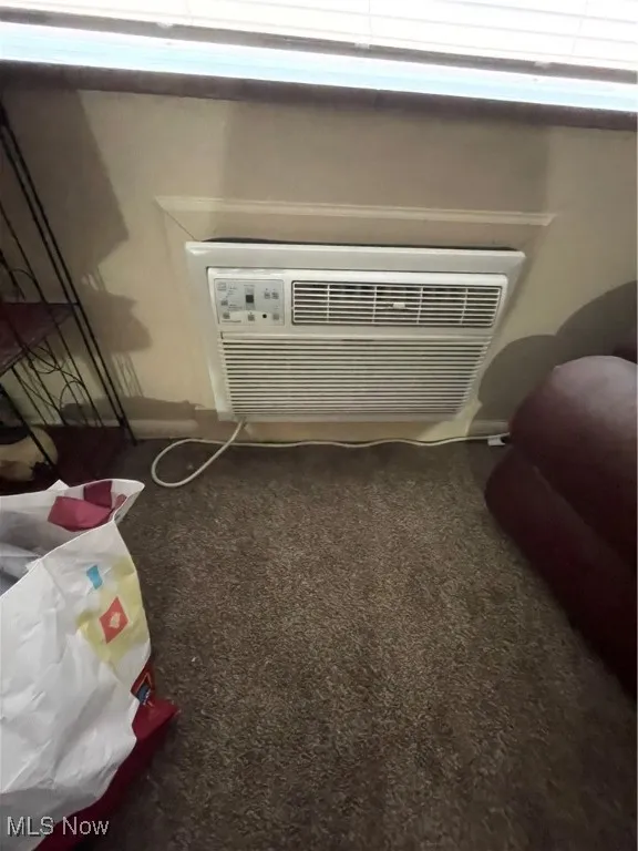 Detailed view of carpet floors and a wall mounted air conditioner