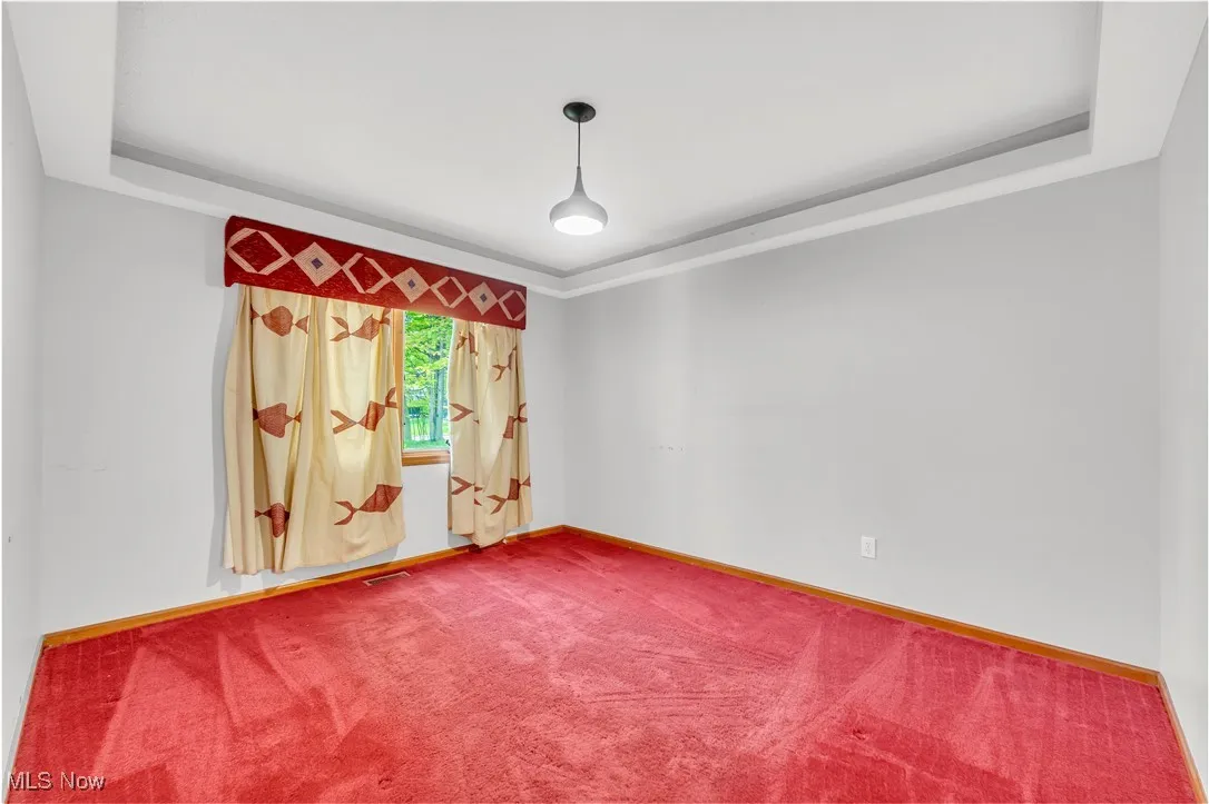 Carpeted spare room with baseboards and a raised ceiling