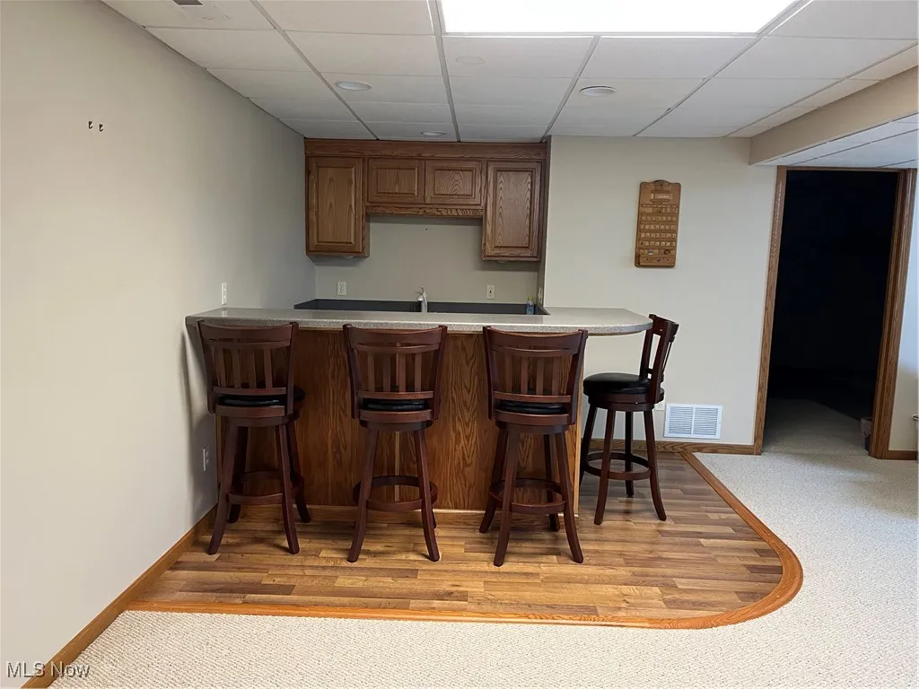 Indoor bar with baseboards, a paneled ceiling, light wood-style flooring, and light colored carpet
