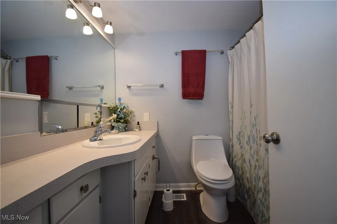 Bathroom featuring toilet, vanity, and wood finished floors