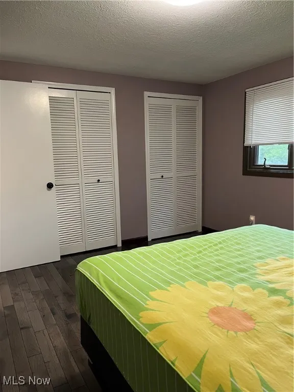 Bedroom with dark wood finished floors, two closets, and a textured ceiling