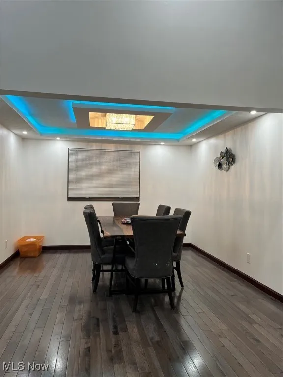 Dining area with a raised ceiling, dark wood-style flooring, and baseboards
