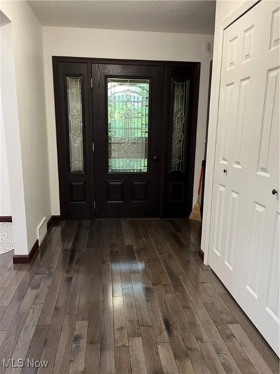 Foyer entrance with dark wood-style flooring and baseboards