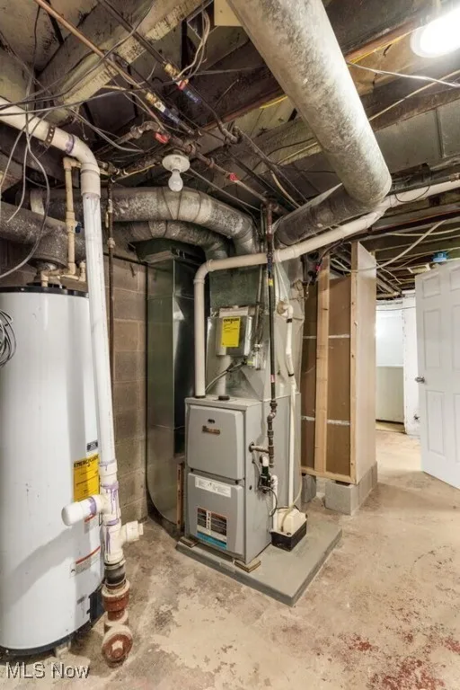 Utility room with gas water heater and heating unit