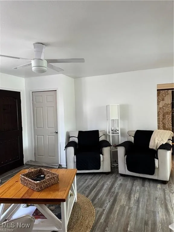 Living area featuring wood finished floors and a ceiling fan