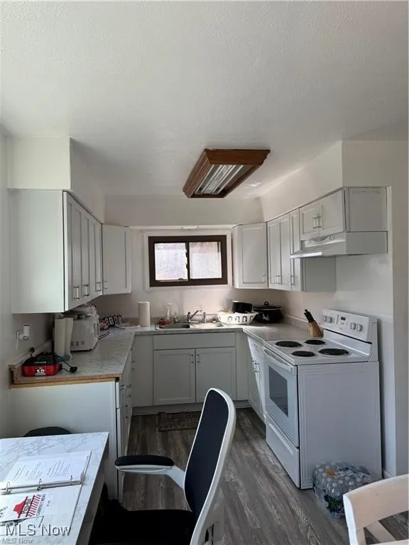 Kitchen featuring white range with electric stovetop, dark wood finished floors, light countertops, a sink, and under cabinet range hood