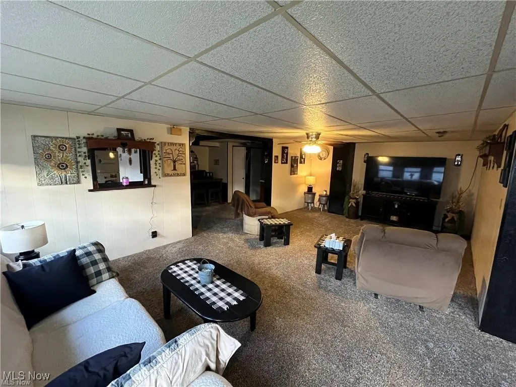 Living area with a paneled ceiling and carpet