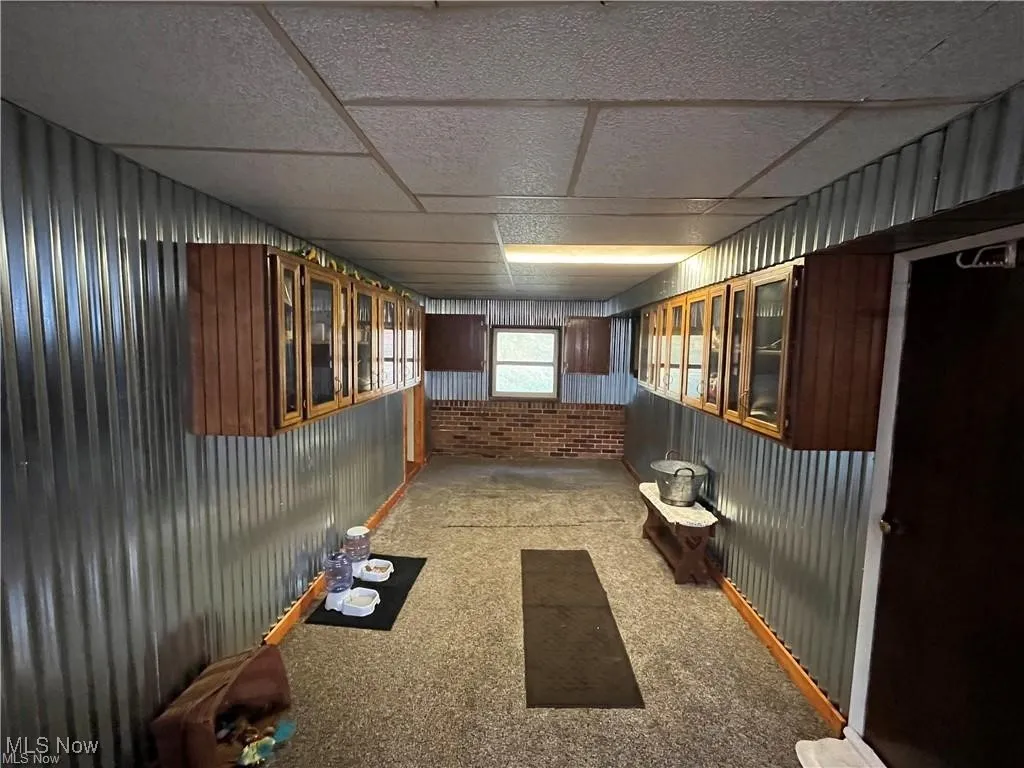 Below grade area featuring a drop ceiling and light colored carpet