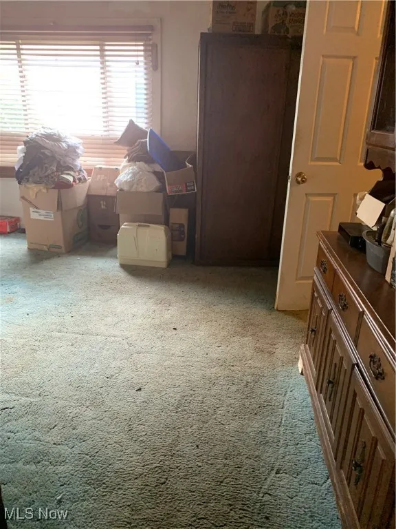 Bedroom featuring light carpet