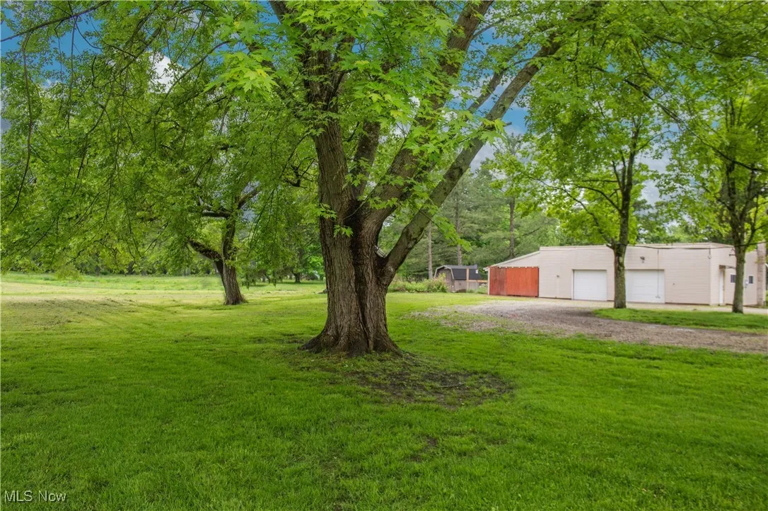 View of green lawn with a detached garage and an outdoor structure